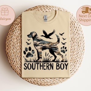 Southern Boy T-Shirt, Hunting Dog Shirt, Camouflage Dog Tee, Hunt Shirt, Camo Dog Shirt, Hunting Duck Shirt, Gift For Him, Hunter Gift
