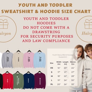 May include: Size chart for youth and toddler hoodies and sweatshirts. The chart shows the width, length, and sleeve length in inches for sizes XS to XL. The chart also includes a photo of a white hooded sweatshirt with the text "Youth Heavy Blend Hooded Sweatshirt" printed on the front.