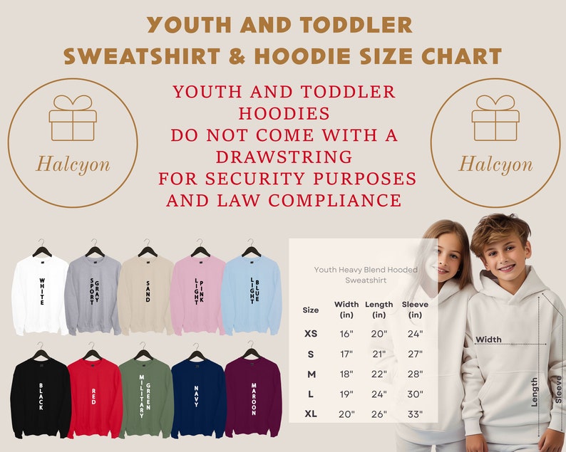 May include: Size chart for youth and toddler hoodies and sweatshirts. The chart shows the width, length, and sleeve length in inches for sizes XS to XL. The chart also includes a photo of a white hooded sweatshirt with the text "Youth Heavy Blend Hooded Sweatshirt" printed on the front.