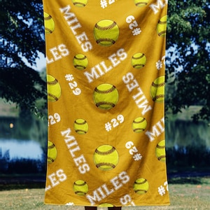 Custom Name and Number Softball Beach Towel, Personalized Softball Player Gifts, Softball Bath Towel, Softball Gifts, Softball Pool Towel