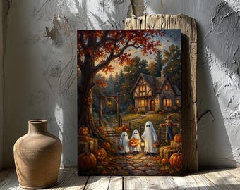 Halloween Ghost Canvas Wall Art, Cozy Autumn Cottage Painting, Fall Pumpkin Season Decor