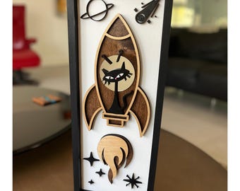 Mid Century Modern Wall Hanging-Atomic Cat-Rocketship-MCM Home Decor-Retro Design