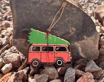 Volkswagen Bus Christmas Ornament-Pink-VW-Wooden Ornament-Retro Design
