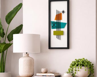 Framed Mid Century Wood Wall Art-Retro Geometric MCM Decor