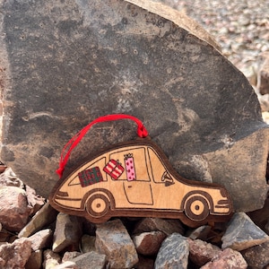 Retro-Porsche Shaped Christmas Ornament-Wooden-Mid Modern Xmas