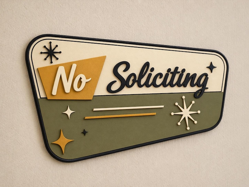 May include: A trapezoidal wall sign with a black border, featuring the text No Soliciting in white and black script. The design includes a mustard yellow accent shape, an olive green background, and decorative starburst icons in black and white.