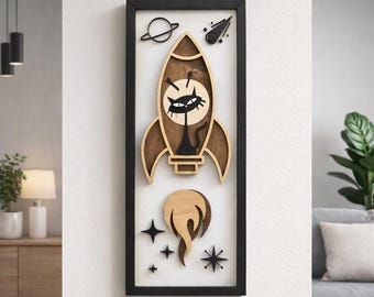 Atomic Cat Rocket Wall Art, Mid Century Space Decor