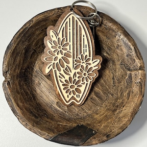 Surfboard Wooden Keychain-Bag Charm-Accessory For Keys-Floral Design