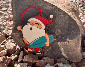 Funny Santa Christmas Ornament-Surfing Santa-Wooden-Holiday Gift