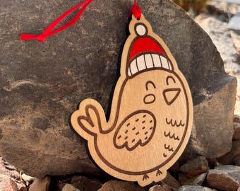 Modern Christmas Ornament-Bird With Red Hat-Wooden