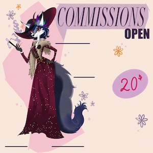 May include: Digital illustration of a character with a fox-like face, wearing a burgundy dress and a large hat. The image includes the text "COMMISSIONS OPEN" and a price tag of $20.