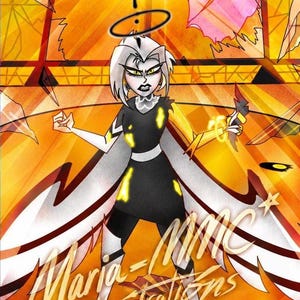 May include: Digital illustration of a character with white hair, a black and white outfit, and a halo. The character is set against a vibrant orange and yellow background with the text "Maria - MMC Illustrations".