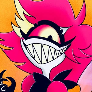 Può includere: Illustrazione digitale di un personaggio con i capelli rosa e un ampio sorriso dentuto. Il personaggio ha un occhio in bianco e nero e lo sfondo è una sfumatura di arancione e giallo.