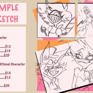 May include: A digital art commission advertisement featuring sketches of cartoon characters. The text "SIMPLE SKETCH" is displayed in pink. Pricing for bust, half-body, and full-body drawings of one or more characters is also included.
