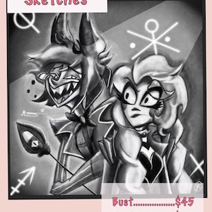 Puede incluir: Una ilustración digital en blanco y negro con dos personajes animados, uno con dientes afilados y un bastón, el otro con cabello voluminoso. El texto dice: Full Rendered Sketches, Bust $45, Half body $60, Full Body $85, junto con símbolos.