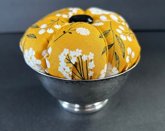 Handmade Pin Cushion in Vintage Silver Bowl - Gift for Seamstress - Mustard Floral