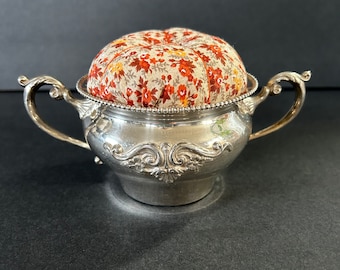 Handmade Pin Cushion in Vintage Silver Bowl - Gift for Seamstress - Orange Flowers