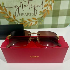 Cartier Rimless Wooden Temple Sunglasses, Vintage Mod CT0012 Brown Lens Cartier Eyewear Men/Women, Best Gift For Him/ Her, Mother Gift image 1