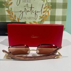Cartier Rimless Wooden Temple Sunglasses, Vintage Mod CT0012 Brown Lens Cartier Eyewear Men/Women, Best Gift For Him/ Her, Mother Gift image 10
