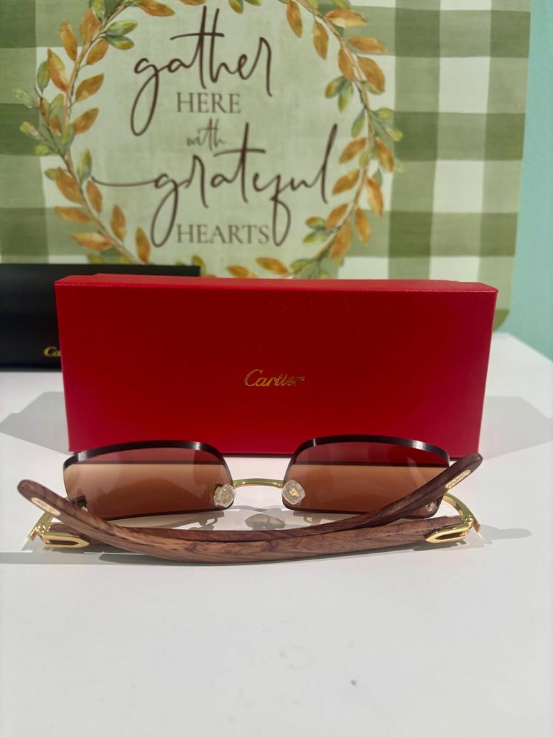 Cartier Rimless Wooden Temple Sunglasses, Vintage Mod CT0012 Brown Lens Cartier Eyewear Men/Women, Best Gift For Him/ Her, Mother Gift image 10