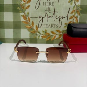 Cartier Rimless Wooden Temple Sunglasses, Vintage Mod CT0012 Brown Lens Cartier Eyewear Men/Women, Best Gift For Him/ Her, Mother Gift image 9