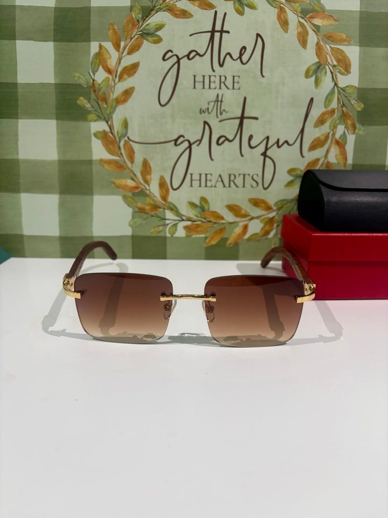 Cartier Rimless Wooden Temple Sunglasses, Vintage Mod CT0012 Brown Lens Cartier Eyewear Men/Women, Best Gift For Him/ Her, Mother Gift image 9