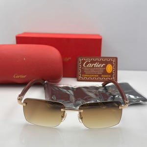 Cartier Rimless Edition Santos- Dumont Wooden Temple Sunglasses, Vintage Mod CT02285 Brown Lens Unisex Eyewear, Best Gift For Him/ Her
