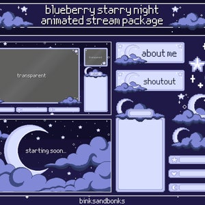 Pode incluir: Um pacote de stream animado em pixel art com tema de noite estrelada de mirtilo. O pacote inclui uma tela de início, uma caixa de bate-papo, uma seção sobre mim, uma seção de shoutout e vários elementos animados como nuvens, estrelas e uma lua crescente.