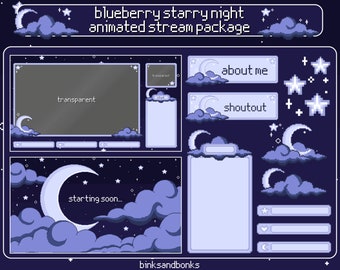 Blueberry Sternennacht Animiertes Stream Paket | Pixel Art Twitch Overlay | Lofi Ästhetik | Blauer himmlischer Mond und Sterne