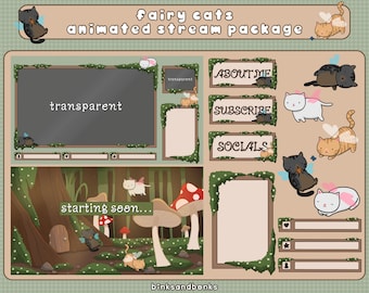 May include: A set of animated stream overlays featuring fairy cats in a forest setting. The overlays include a starting soon screen, a chat box, a subscribe button, a social media links panel, and an about me panel. The overlays are designed in a whimsical style with a light brown and green color scheme.