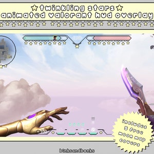 May include: Animated Valorant HUD overlay with a pink and blue color scheme. The overlay features a sky background with clouds and stars. The text "twinkling stars" and "animated valorant hud overlay" are displayed at the top of the image. The text "includes 3 free moon map covers" is displayed in the lower right corner of the image.