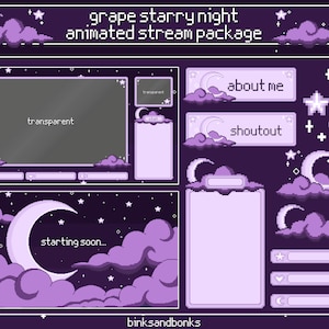 Trauben Sternennacht Animierte Stream Paket | Pixel Art Twitch Overlay | Lofi Ästhetik | Lila himmlischer Mond und Sterne