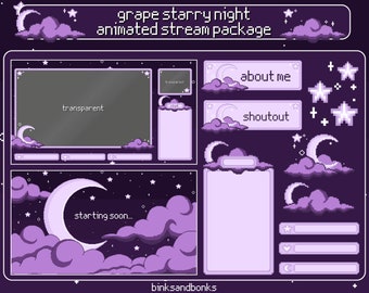 Trauben Sternennacht Animierte Stream Paket | Pixel Art Twitch Overlay | Lofi Ästhetik | Lila himmlischer Mond und Sterne