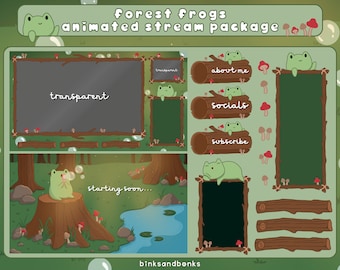 May include: Animated stream package featuring a green frog on a log with the text "forest frogs" and "animated stream package". The package includes a variety of overlays, such as a starting soon screen, a chat box, and a subscribe button.
