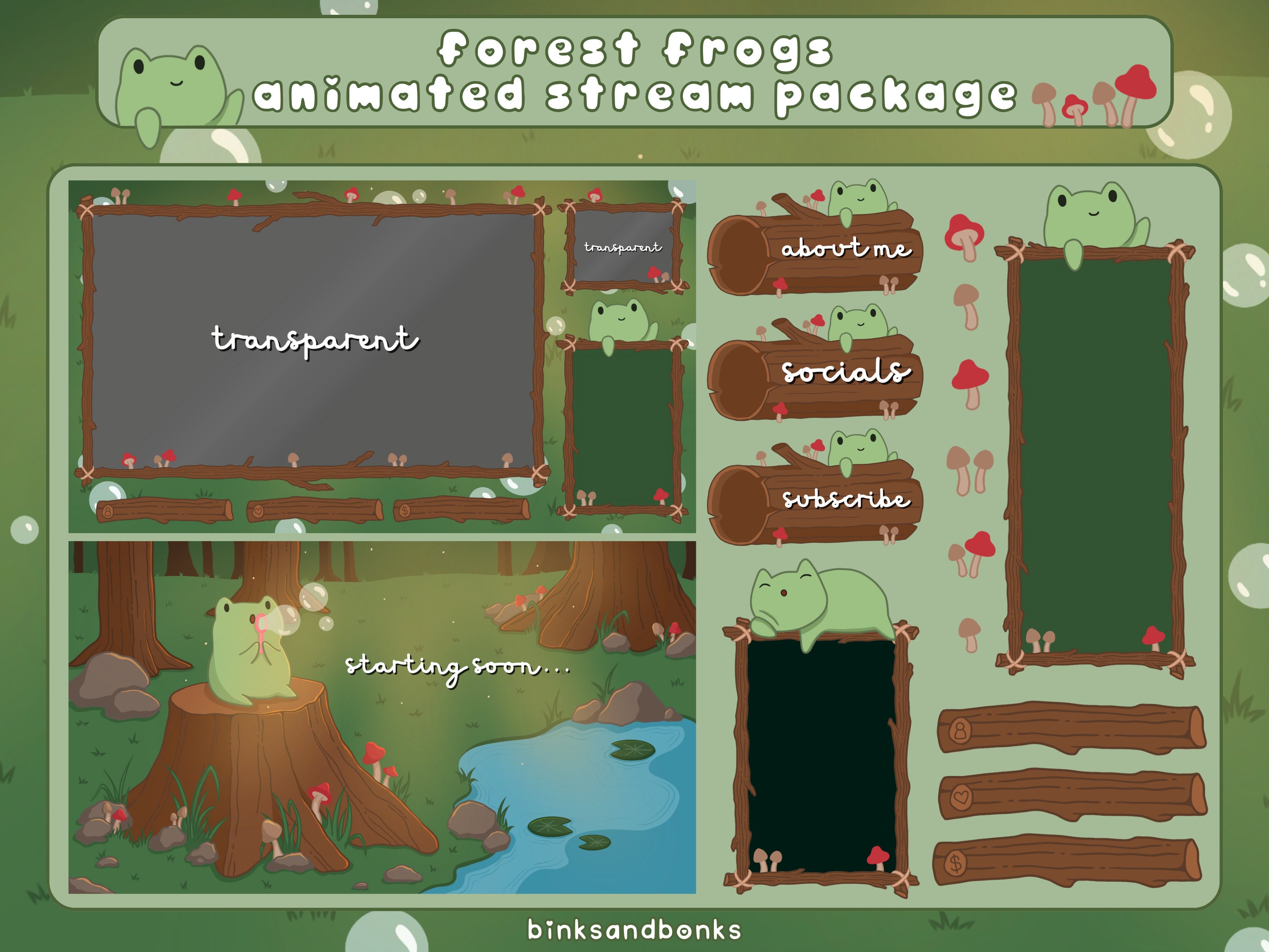 Waldfrösche Bach Paket | Animierte Twitch Overlays | Cottagecore Pilzwald Twitch Stream Paket | Gemütliches ästhetisches Overlay
