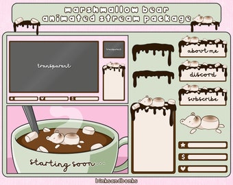 Marshmallow Bär Bach Paket | Animierte Twitch Overlays | Hot Cocoa Twitch Stream Paket | Gemütliche Ästhetik | Schokoladen-Fudge-Vermögens