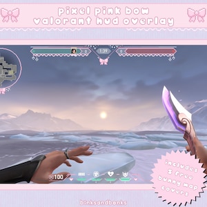 May include: A pink and white pixelated bow with the text "pixel pink bow" and "valorant hud overlay". The image shows a video game screen with a player holding a purple and white knife. The text "includes 8 free bunny map covers" is in a pink starburst.