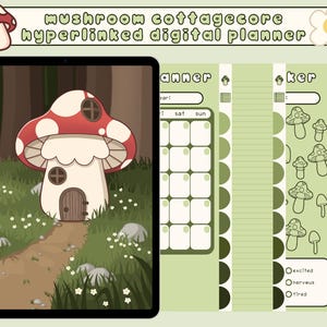 May include: A digital planner with a cottagecore theme. The planner features a mushroom house illustration, a monthly calendar, and a daily tracker. The planner is designed in shades of green and white.