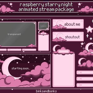 May include: A pink and purple pixel art animated stream package with a crescent moon, stars, and clouds. The package includes a starting soon screen, a chat box, an about me section, a shoutout section, and a donation section.
