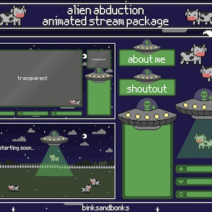 May include: A pixel art animated stream package with a cow and alien abduction theme. The package includes a starting soon screen, a shoutout screen, an about me screen, and a chat screen. The package also includes a cow and alien graphic.