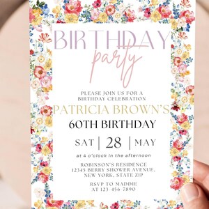 Wildflower 60th Birthday Invitation: Floral Garden Party, Printable Canva Evite