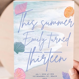The Summer I Turned 13 Birthday Invitation, Editable Coastal Seashell Invite for Teen Girls, Beach Party, thirteenth birthday
