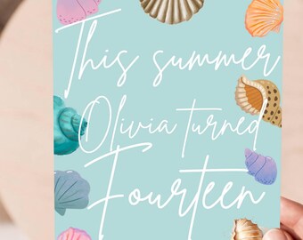 May include: A light blue invitation card with seashell illustrations and the text "This summer Olivia turned Fourteen". The card includes event details: July 1, 3PM, address, and RSVP information. The card is held by a hand.