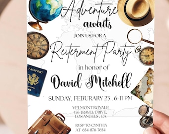 Travel Retirement Invitation: Adventure Awaits, Editable Canva Template (Digital Download 5x7" PDF)