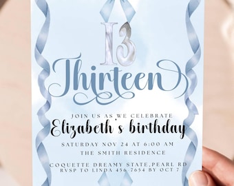 Pink Bow 13th Birthday Invitation: Editable Digital Template BOW