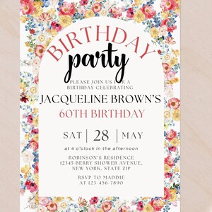 Wildflower 60th Birthday Invitation: Floral Garden Party, Printable Canva Evite