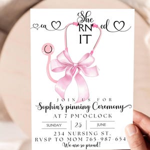 Coquette RN Grad Announcement Pink Bow Nurse Graduation Invitations Class Of 2025 Pinning Ceremony Invitation Template Digital Download GRAD