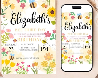 Sweet To Bee Third Birthday Invitation: Editable Canva Template 5x7 (Digital Download)