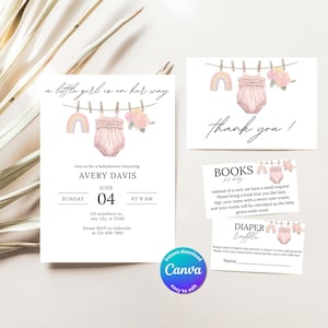 Boho Girl Clothesline Baby Shower Invitation, Editable Floral Template, Instant Download for Sweet Baby Girl BS13