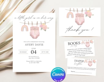 Boho Girl Clothesline Baby Shower Invitation, Editable Floral Template, Instant Download for Sweet Baby Girl BS13